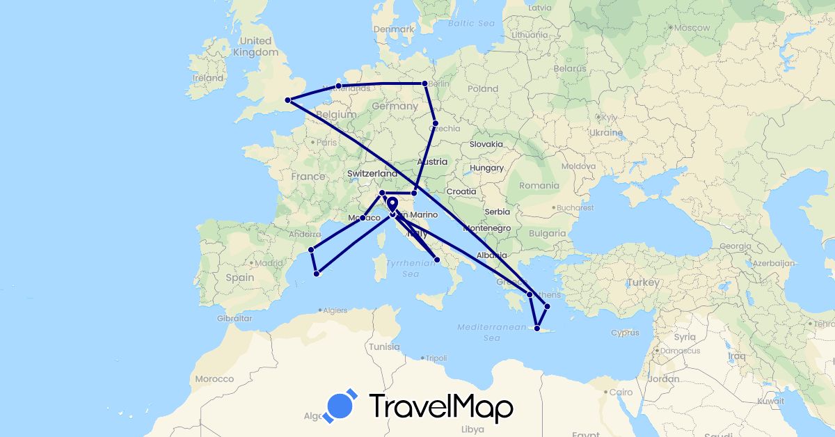 TravelMap itinerary: driving in Czech Republic, Germany, Spain, France, United Kingdom, Greece, Italy, Netherlands (Europe)